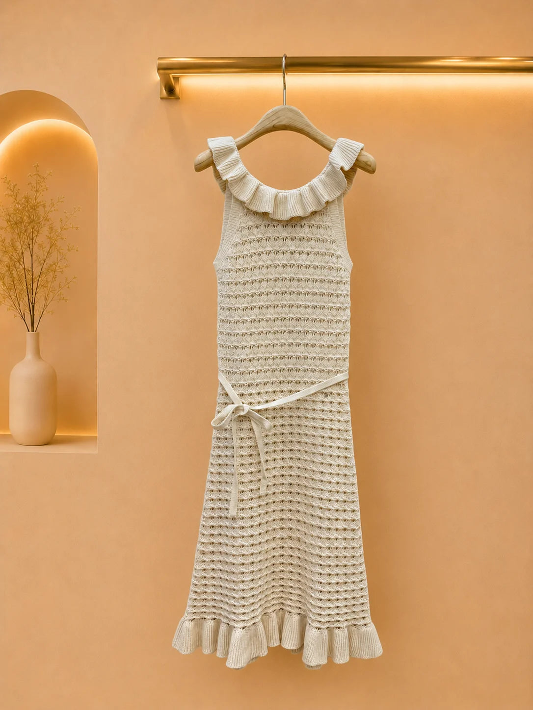 2026 Women Dress Fine Openwork Knit Sleeveless Ruffle Round Collar Self Tie Waist Midi Dress