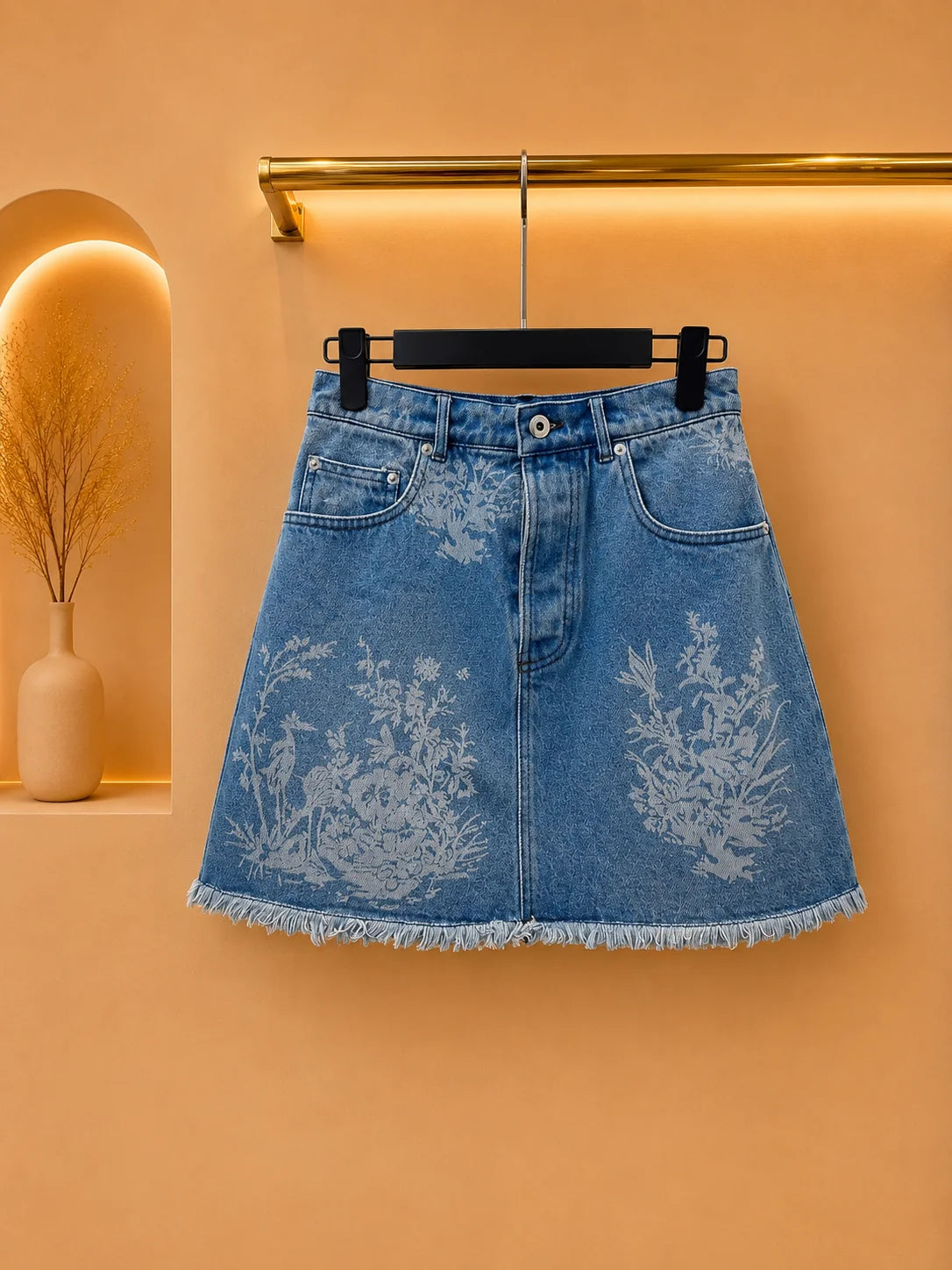 2026 Women Denim Skirt Pure Cotton Fashion A Line Short Skirt Antique Floral Landscape Printed Casual Skirt