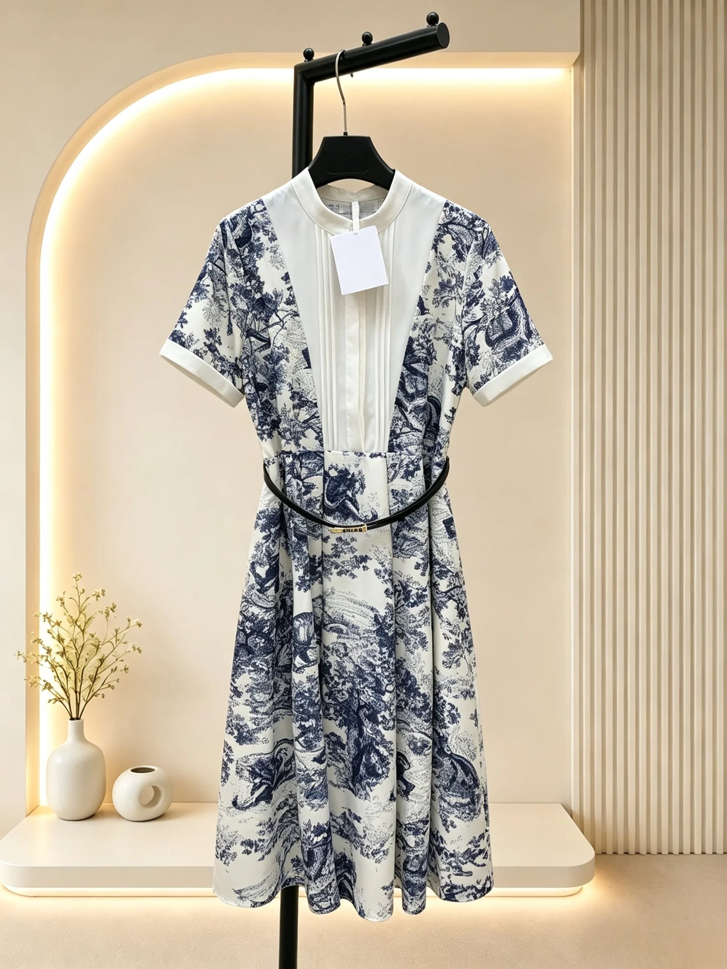 2026 Women Dress Stand Collar Short Sleeve Midi Dress, Vintage Blue Nature Print With Pleated Bust & Slim Belted Flared Hem