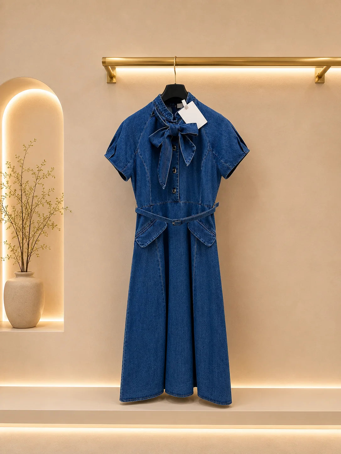 Women Cotton A-Line Midi Dress With Puff And Bow Collar