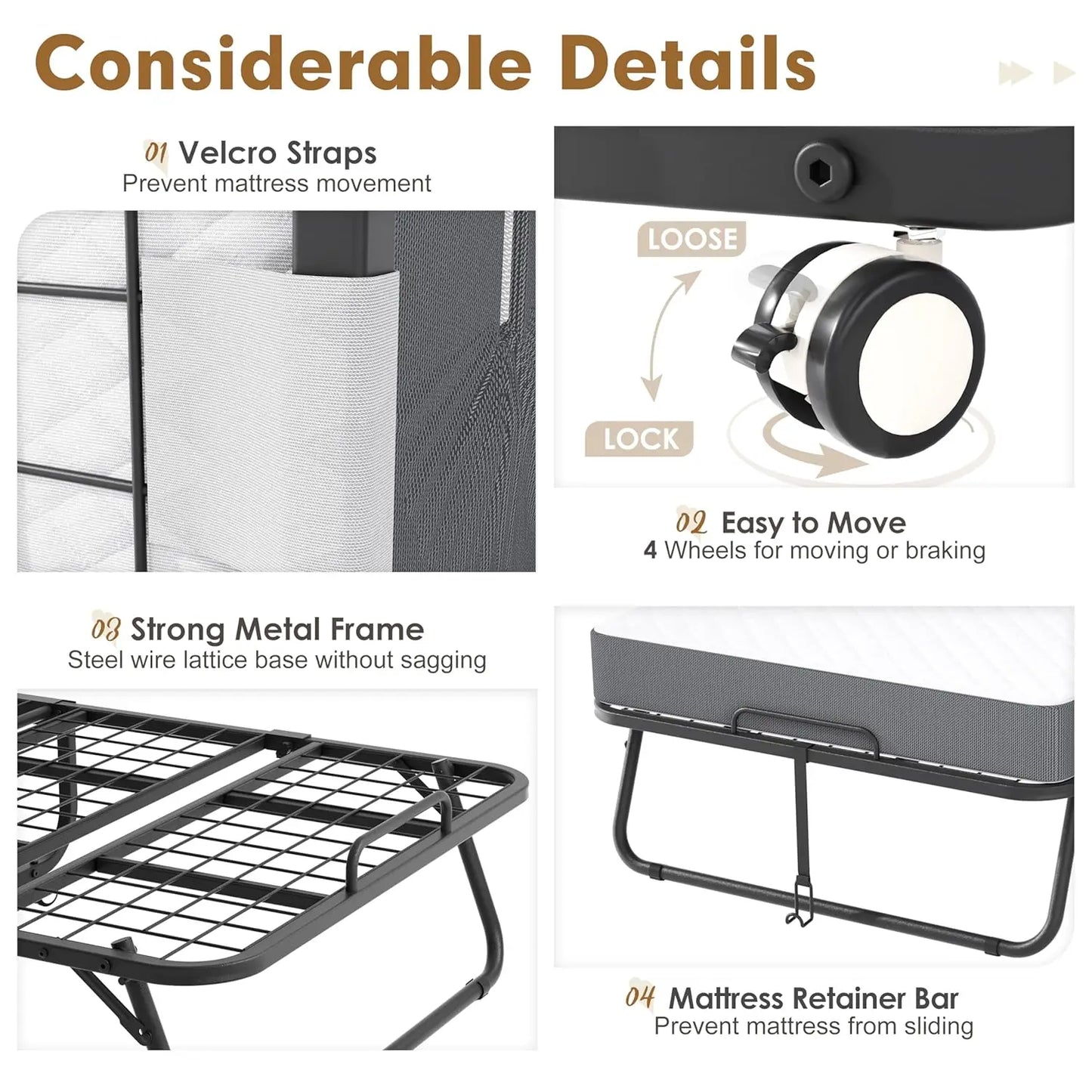 Folding Bed with Mattress, 75" x 38" Rollaway Bed with Mattress for Adults, Space-Saving Sturdy Metal Fold Up Beds,, Customized