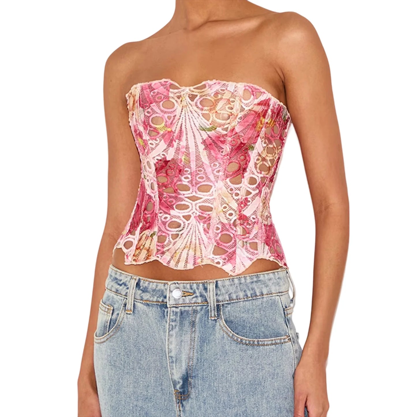 Hirigin Lace-Up Backless Bandeau Top With Irregular Cutouts