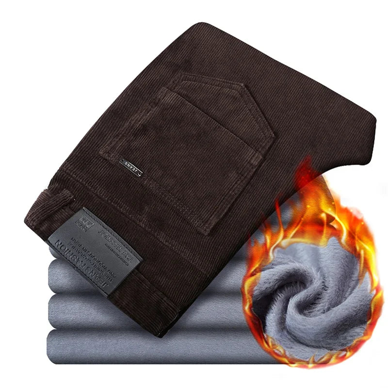 Winter New Men's Corduroy Fleece Casual Pants Warm Thick Classic Fashion Straight Plush Velvet Trousers Brand Clothing Male