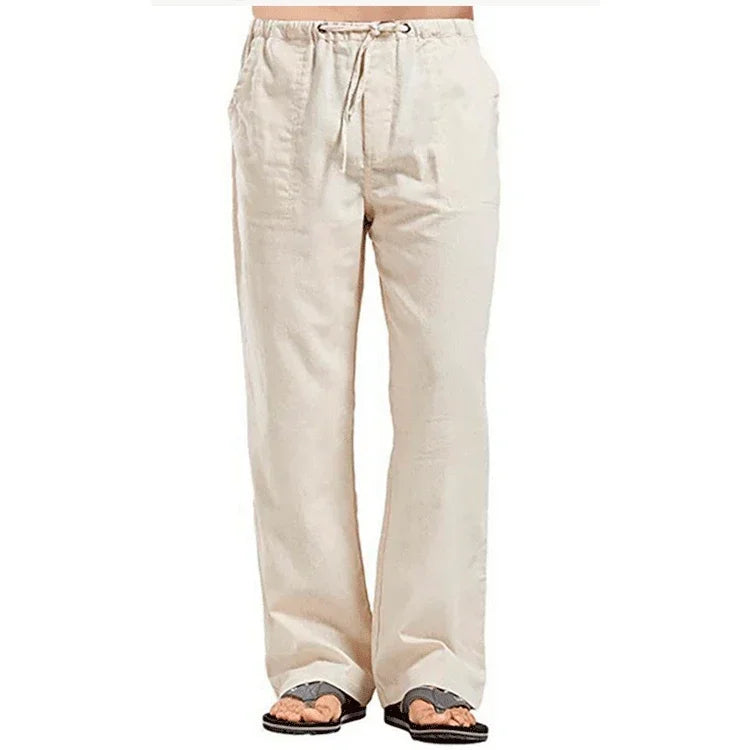 Mens Cotton Linen Pants Summer Breathable Trousers With Elastic Waist