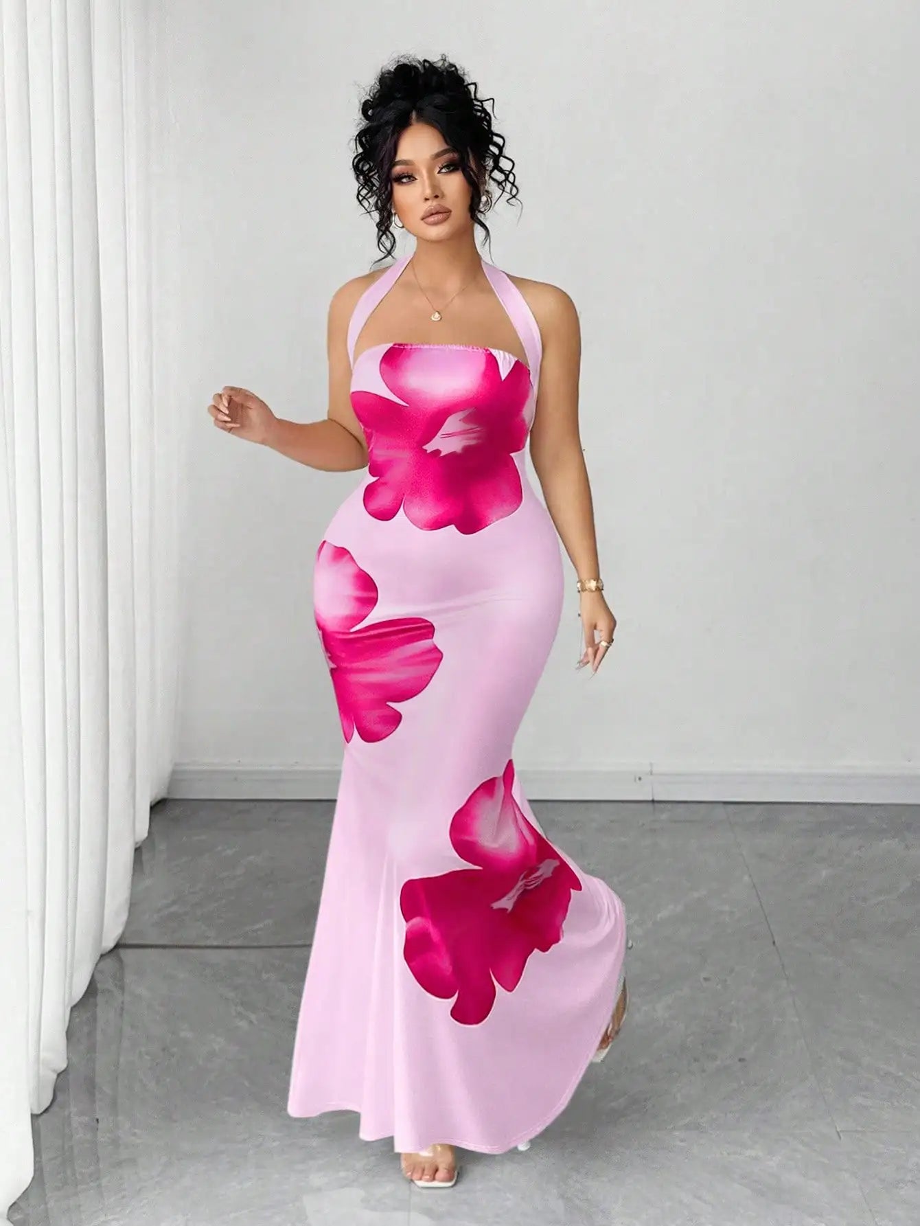 Plus Size Maxi Dress With Floral Print Halter Neck