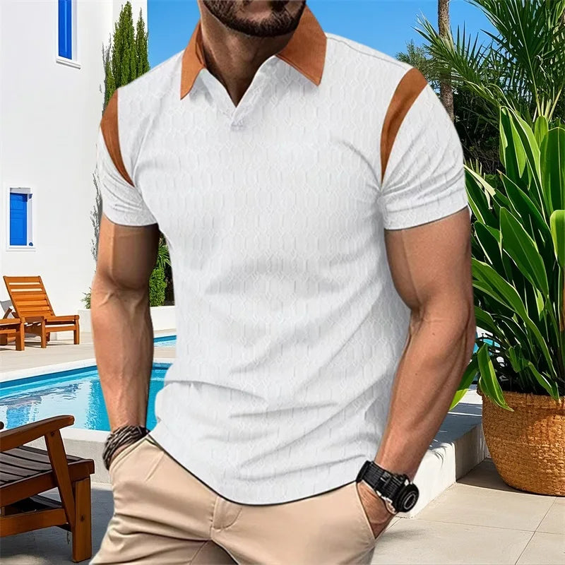 Men's Short Sleeve Jacquard Patchwork Tee With Turn-Down Collar