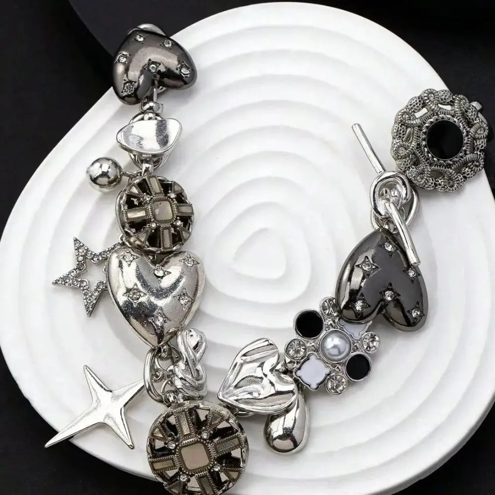 1pc Vintage Punk Rock Vibe Metal Love Flower Star Pendant Necklace Chain, Fashion Jewelry Accessory For Party & Music Festival