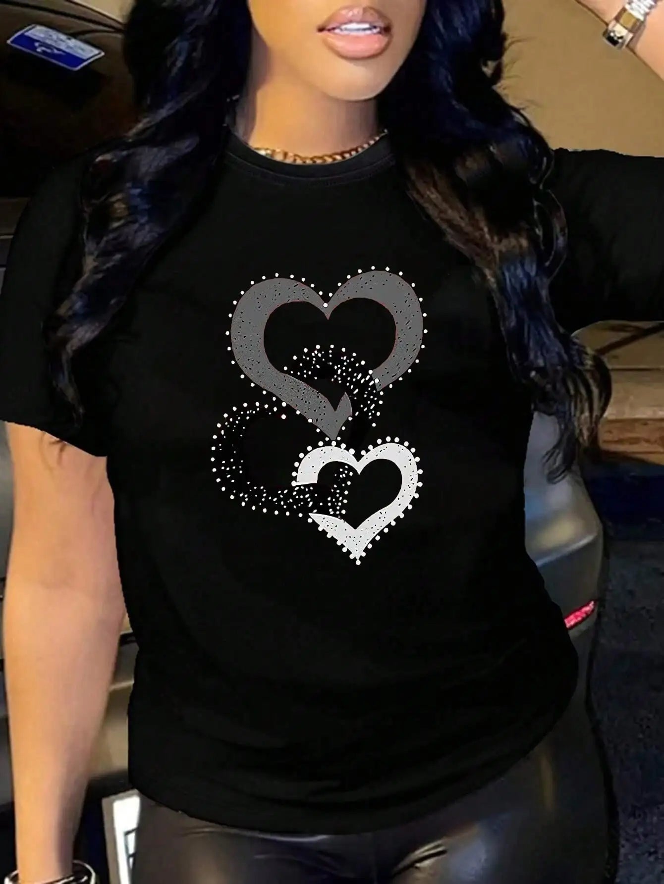 Heart Print Womens Casual Short Sleeve T Shirt Everyday Wear