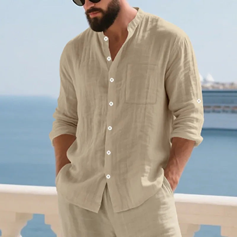 Men Linen Button Down Shirt With Mandarin Collar Long Sleeve Chest Pocket