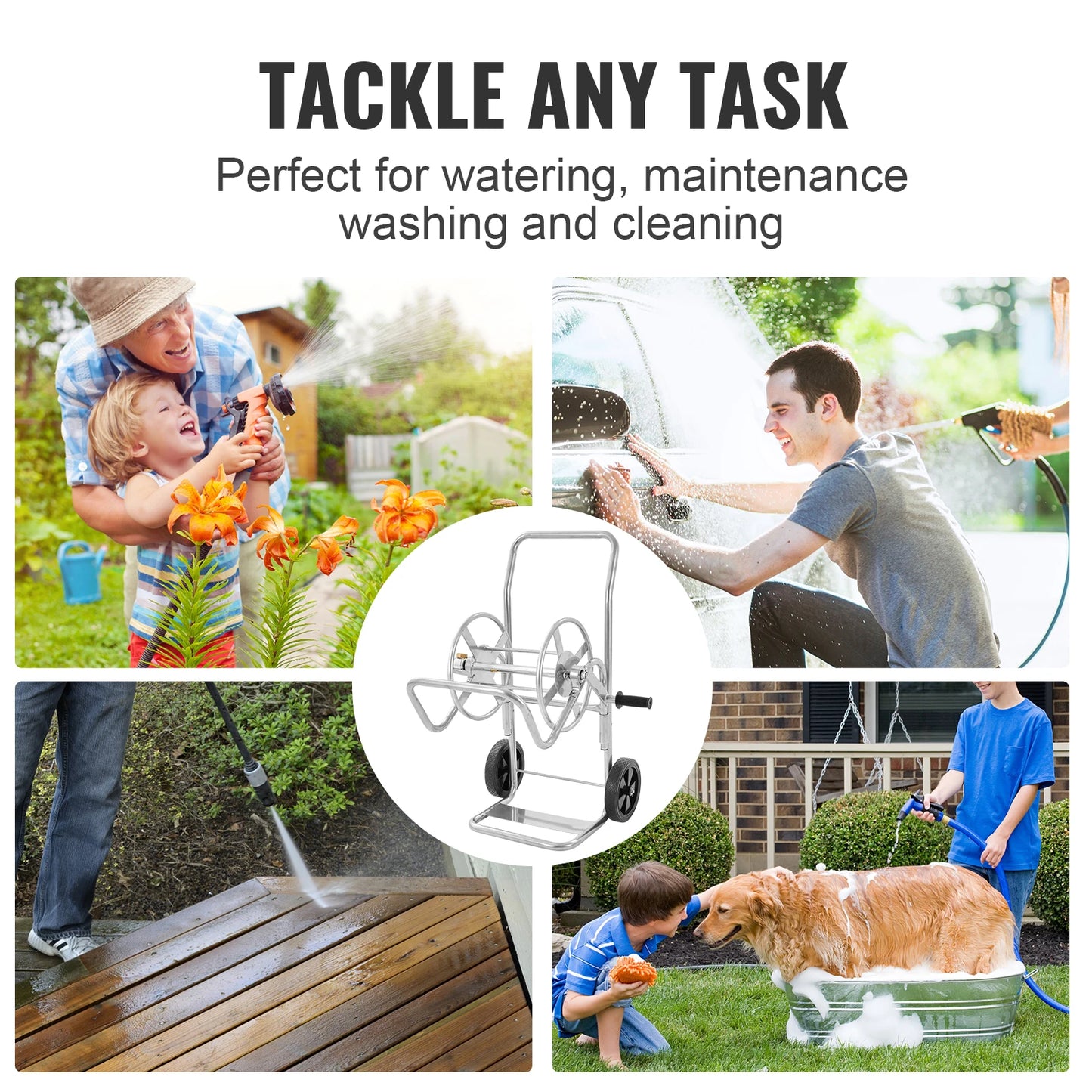 SucceBuy Hose Reel Cart Garden Water Hose Carts Mobile Tools with Wheels Heavy Duty Powder-coated Steel Outdoor Planting for Gar