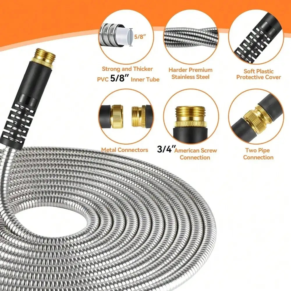 Garden Hose 50/100FT Stainless Steel Water Hose Spray Nozzle Heavy-Duty Metal Garden Hose Flexible