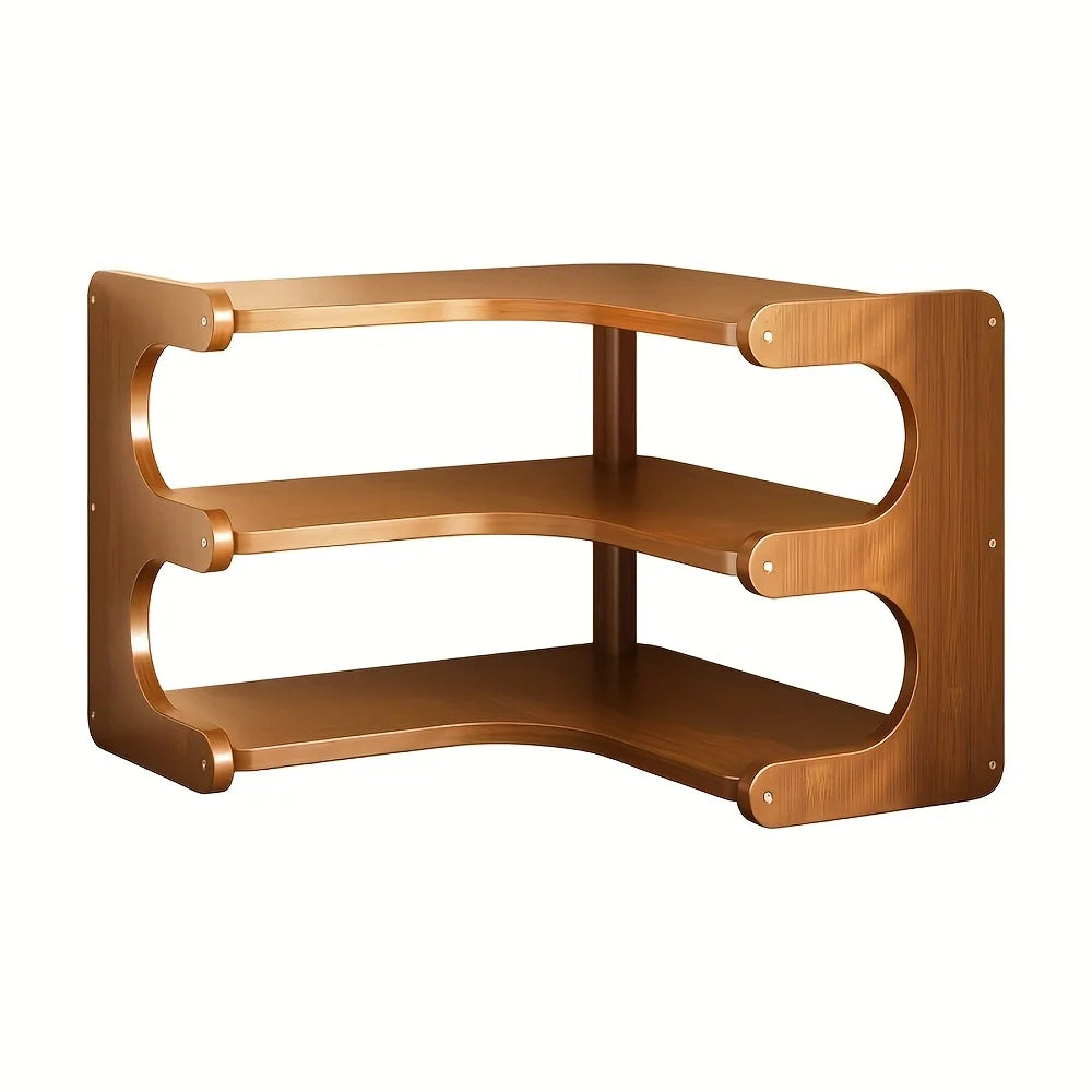 Three-Tier Bamboo Corner Desk Shelf Wall Mounted Organizer