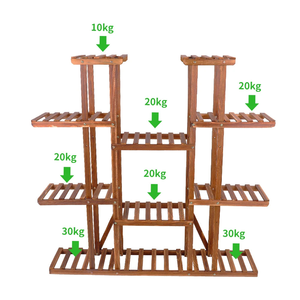 11 Tier Wood Plant Stand Carbonized Pot Display Shelf For Indoor Outdoor Decor