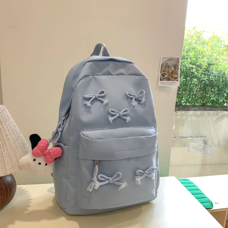Fashion Bow Backpack Middle Shool Girls Backpack Multi-pockets Teenagers School Bag with Pendants Daily Knapsack Travel Backpack
