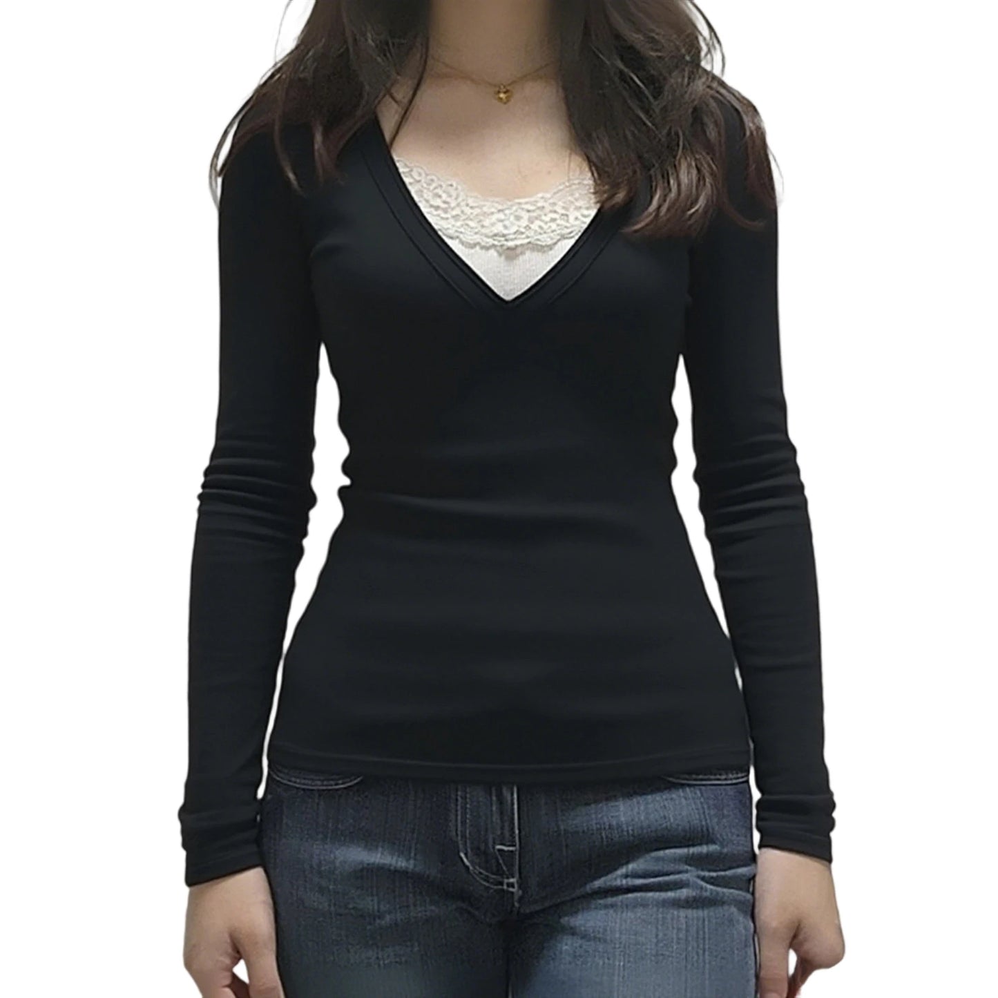 Women s Stylish V Neck Lace Patchwork Fit Long Sleeve Pullover Top for Fall Fashion Statement