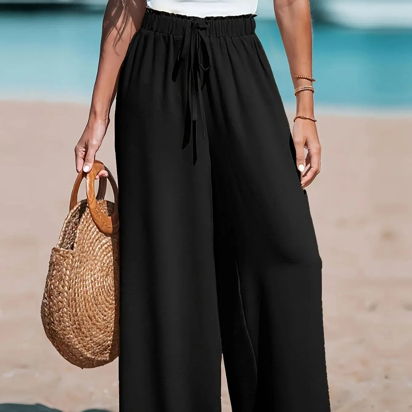 Women's Casual Wide Leg Pants With Pockets Elastic Waist