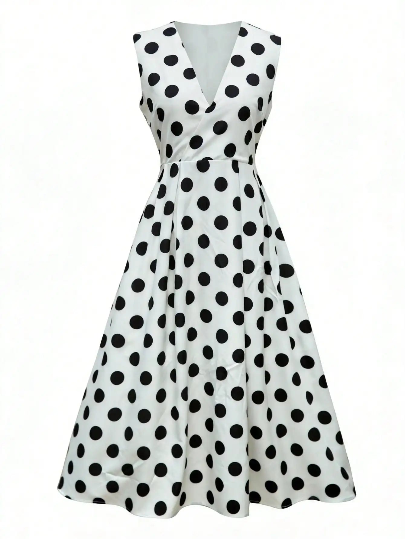 Elegant White Polka Dot Wrap Dress with Belted Waist and A-Line Skirt