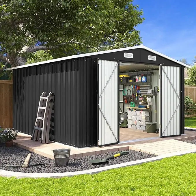 10x12FT Outdoor Storage Shed with Double Hinged Large Door Utility Garden Shed with Lockable Door & Sloped Roof Metal,Customized