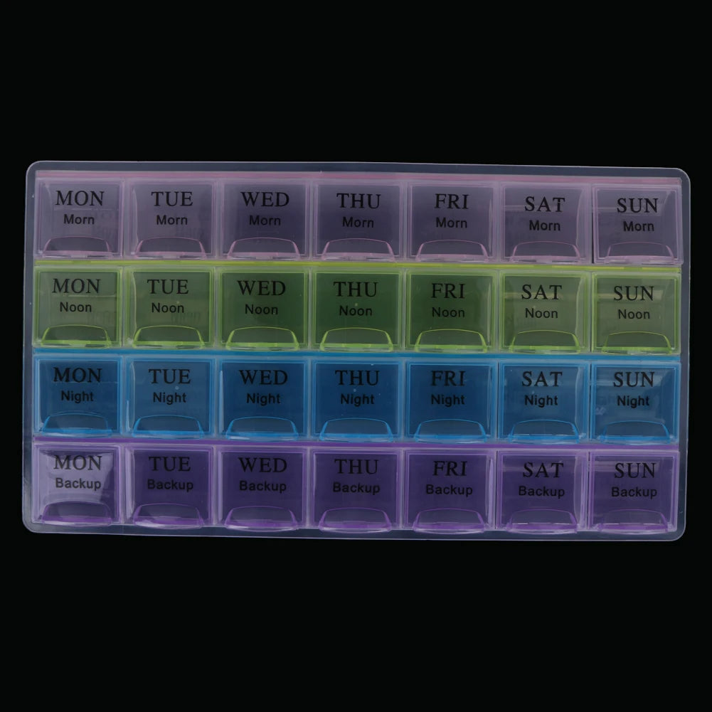 Portable 28 Compartment Weekly Medicine Pill Dispenser Case