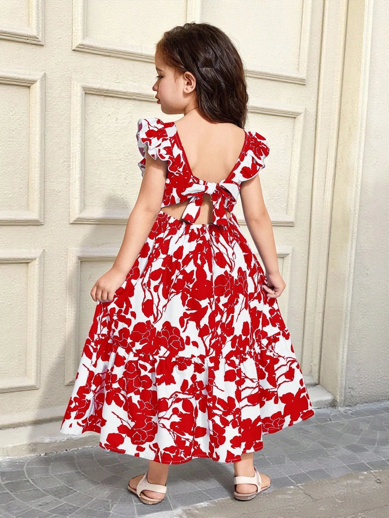 Girls Floral Print Ruffle Sleeve Bow Back Cutout Maxi Dress