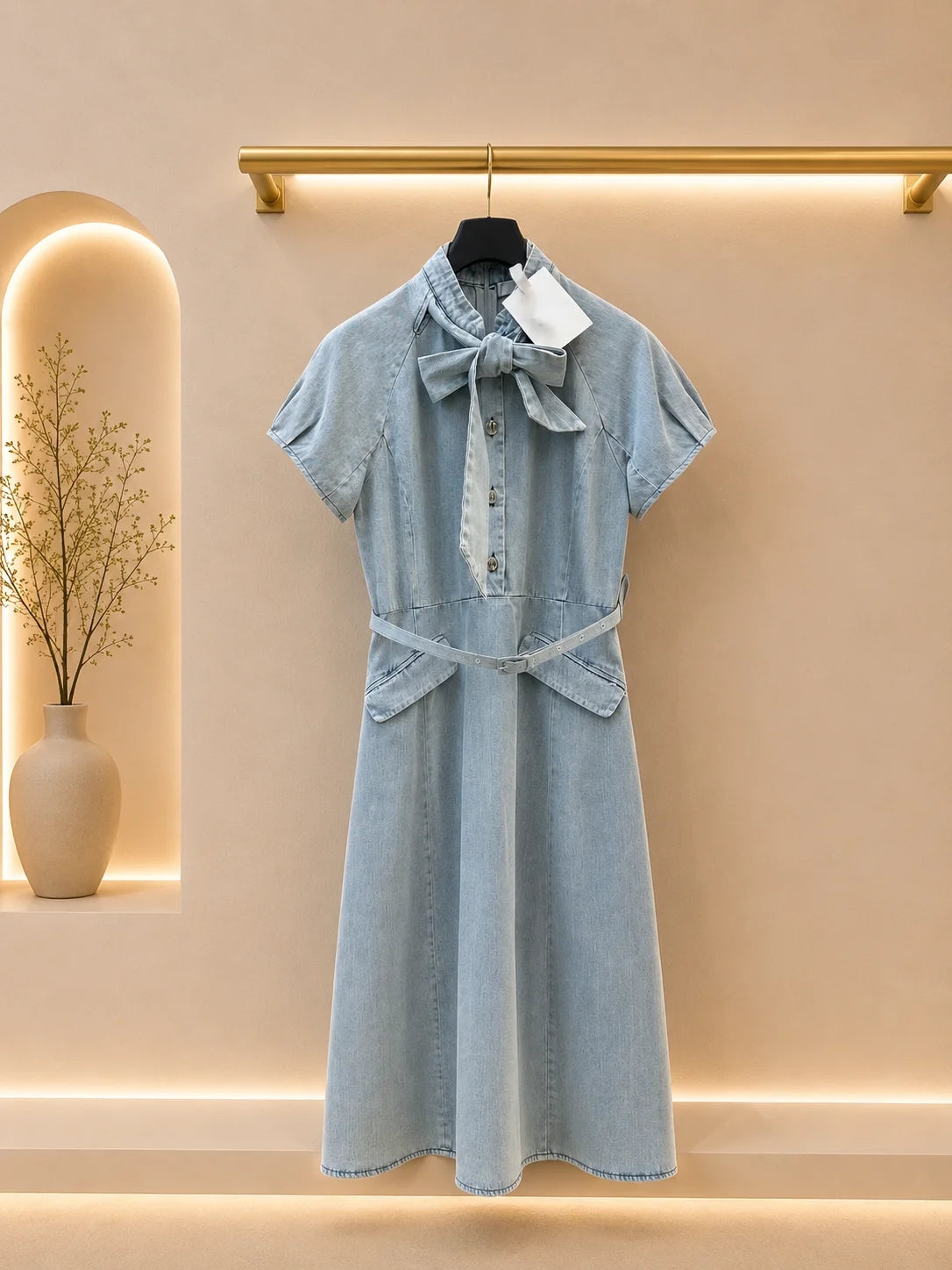 Women Cotton A-Line Midi Dress With Puff And Bow Collar