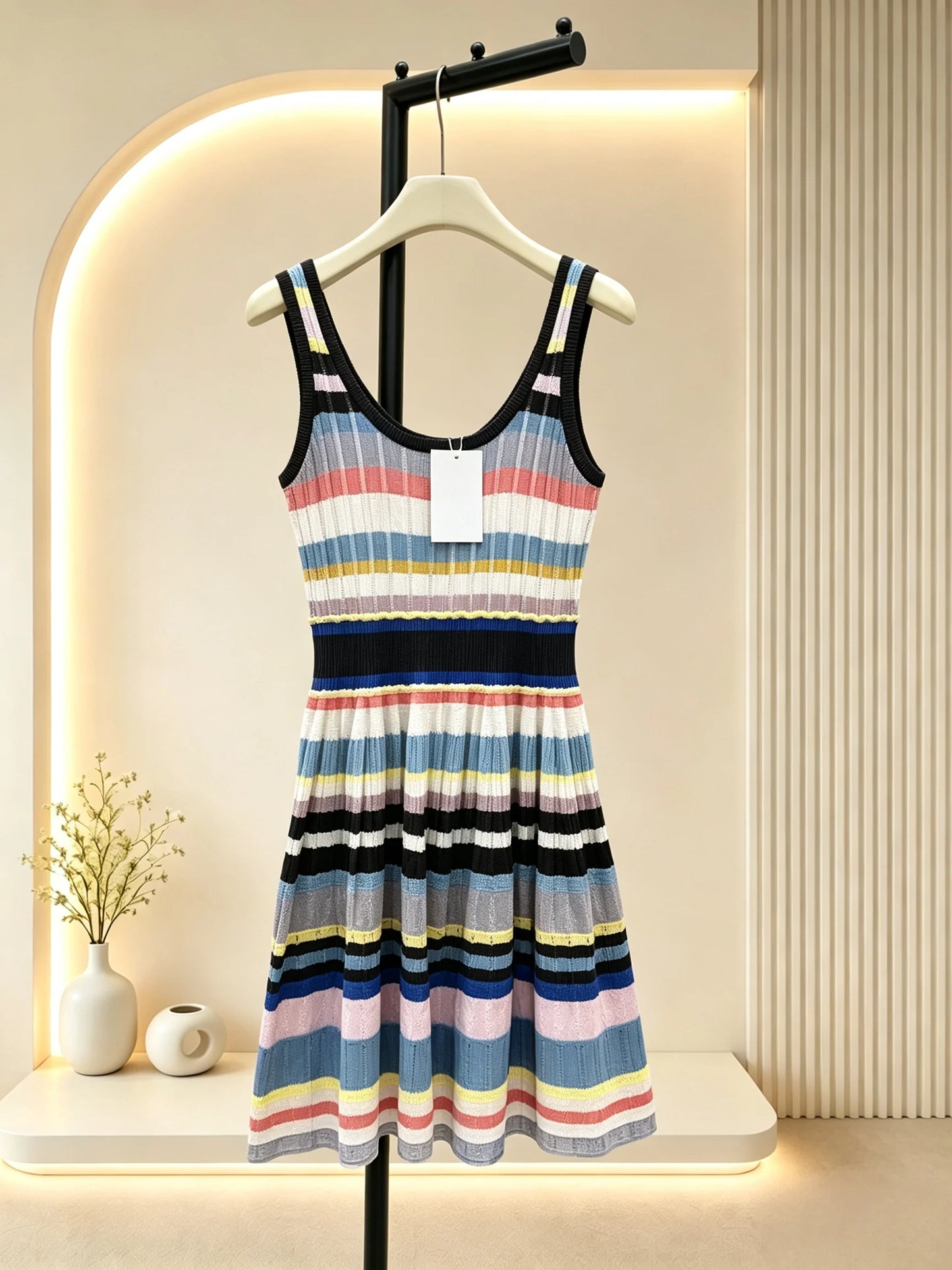 2026 Women Dress Finely textured multi-tone striped knit camisole elastic waist mini skirt