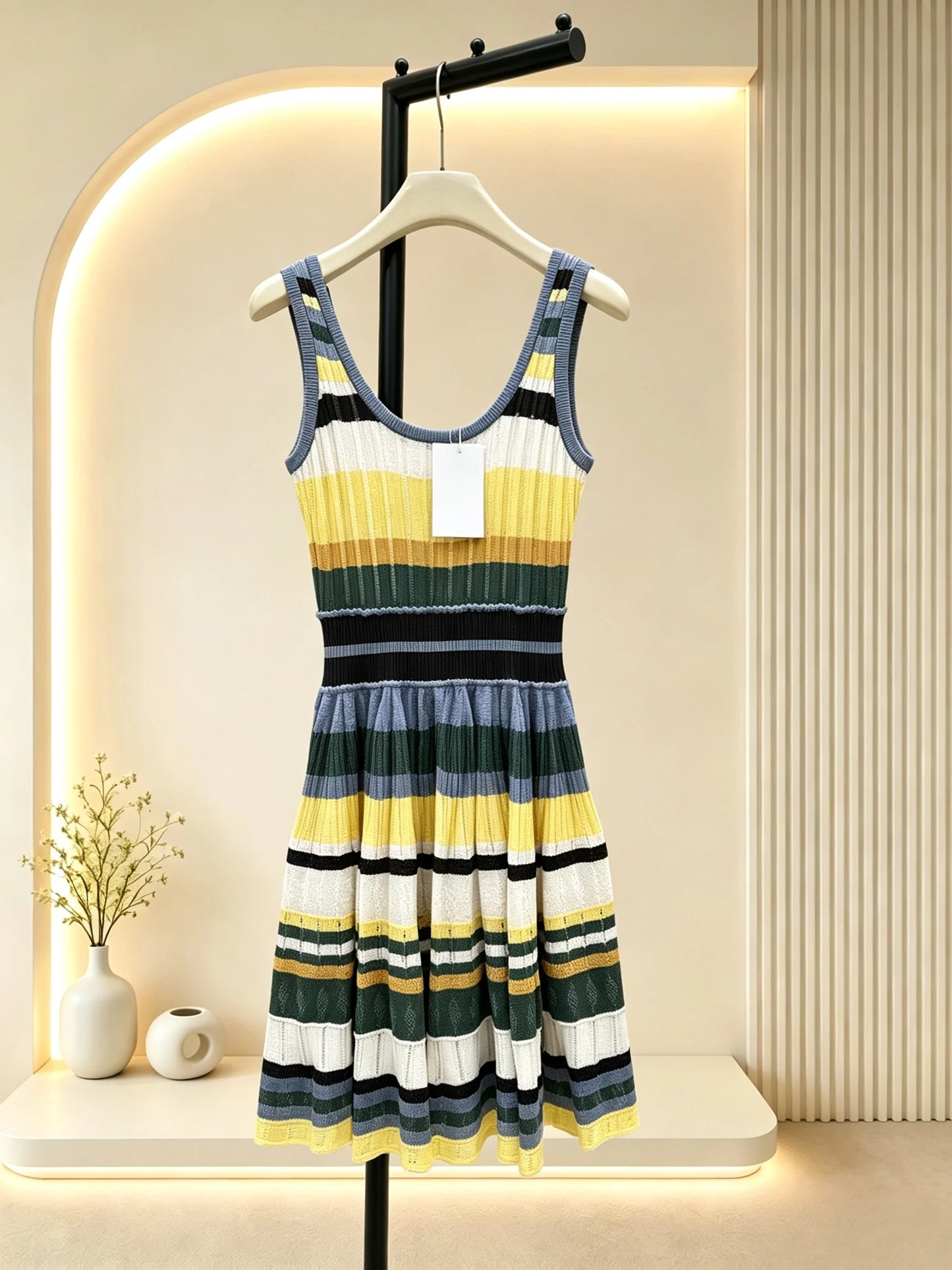 2026 Women Dress Finely textured multi-tone striped knit camisole elastic waist mini skirt