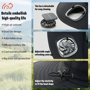 2 Fan Solar Powered Sun Hat Usb Rechargeable