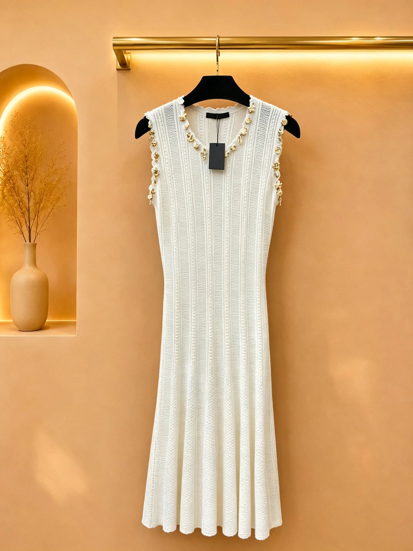 2026 Women Dress Scalloped V Neck Knit Midi With Multi-Shape Marine Metal Charm Ornaments