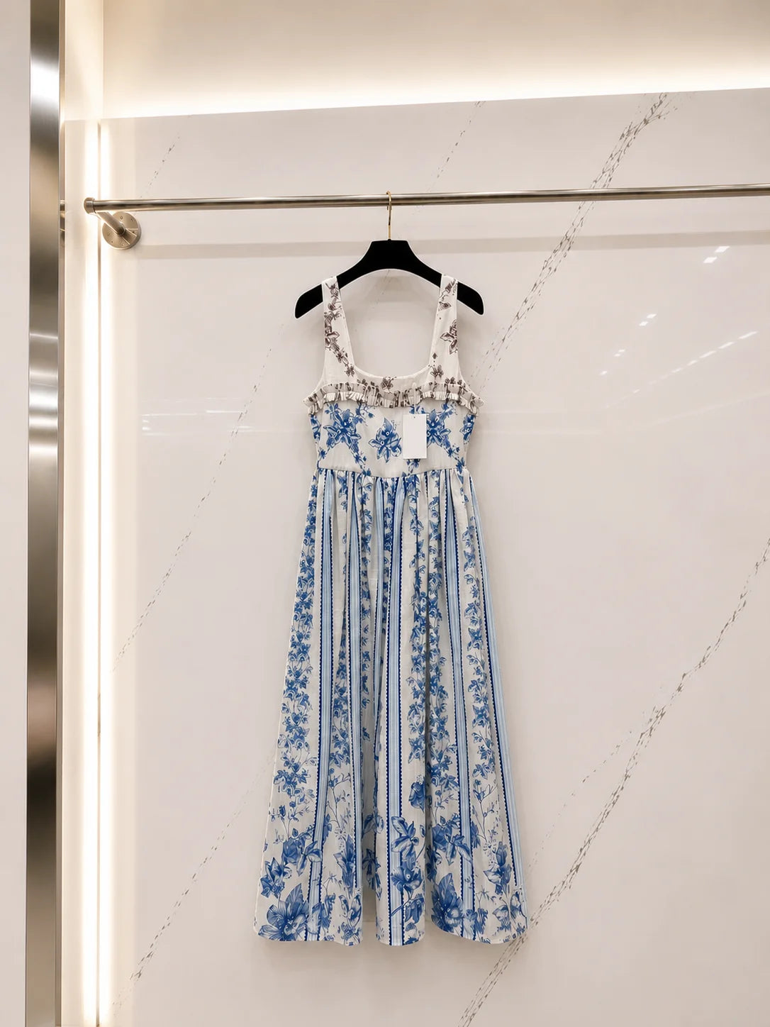 2026 Women Dress Sleeveless Square Neck Midi Dress Frilled Bust Trim Mixed Floral And Vertical Stripe Printed Skirt