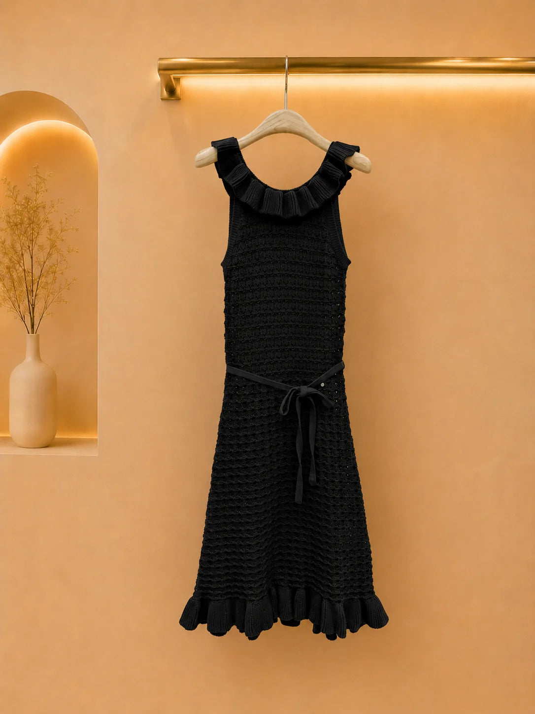 2026 Women Dress Fine Openwork Knit Sleeveless Ruffle Round Collar Self Tie Waist Midi Dress