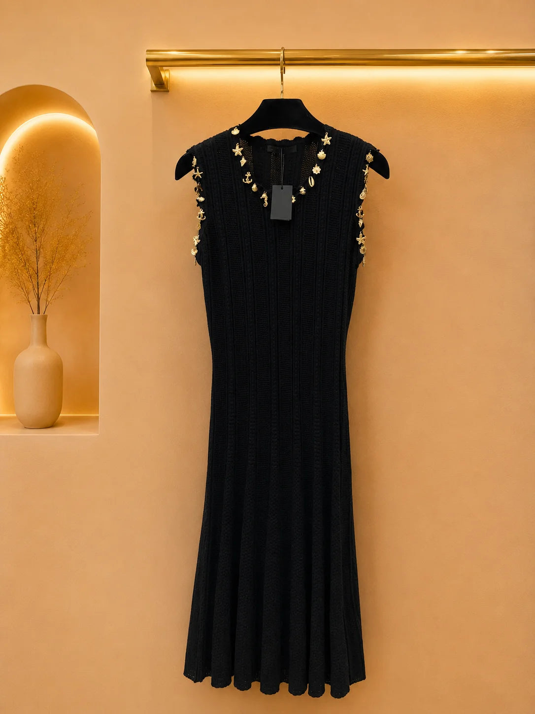 2026 Women Dress Scalloped V Neck Knit Midi With Multi-Shape Marine Metal Charm Ornaments