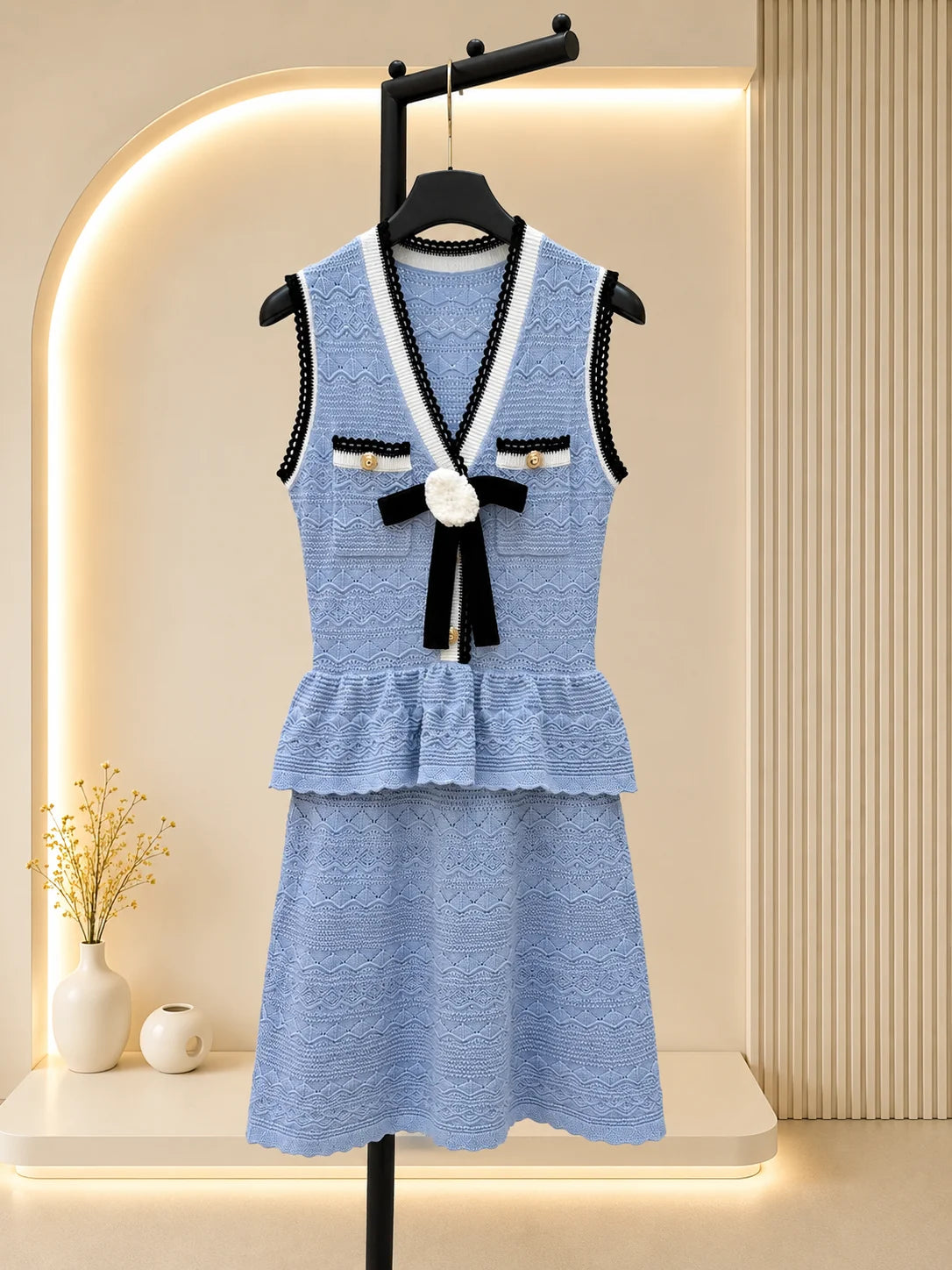2026 Women Dress Sleeveless Contrast Trim V Neck Wavy Hollow Knit Handcrafted Rosette Bow Tiered Ruffle Mini Outfit
