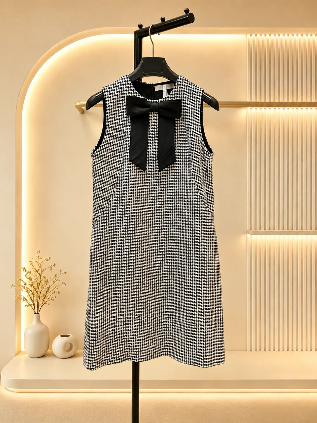2026 Women Dress Sophisticated Checked Textile Sleeveless Decorative Front Knot Plain Hem Outfit