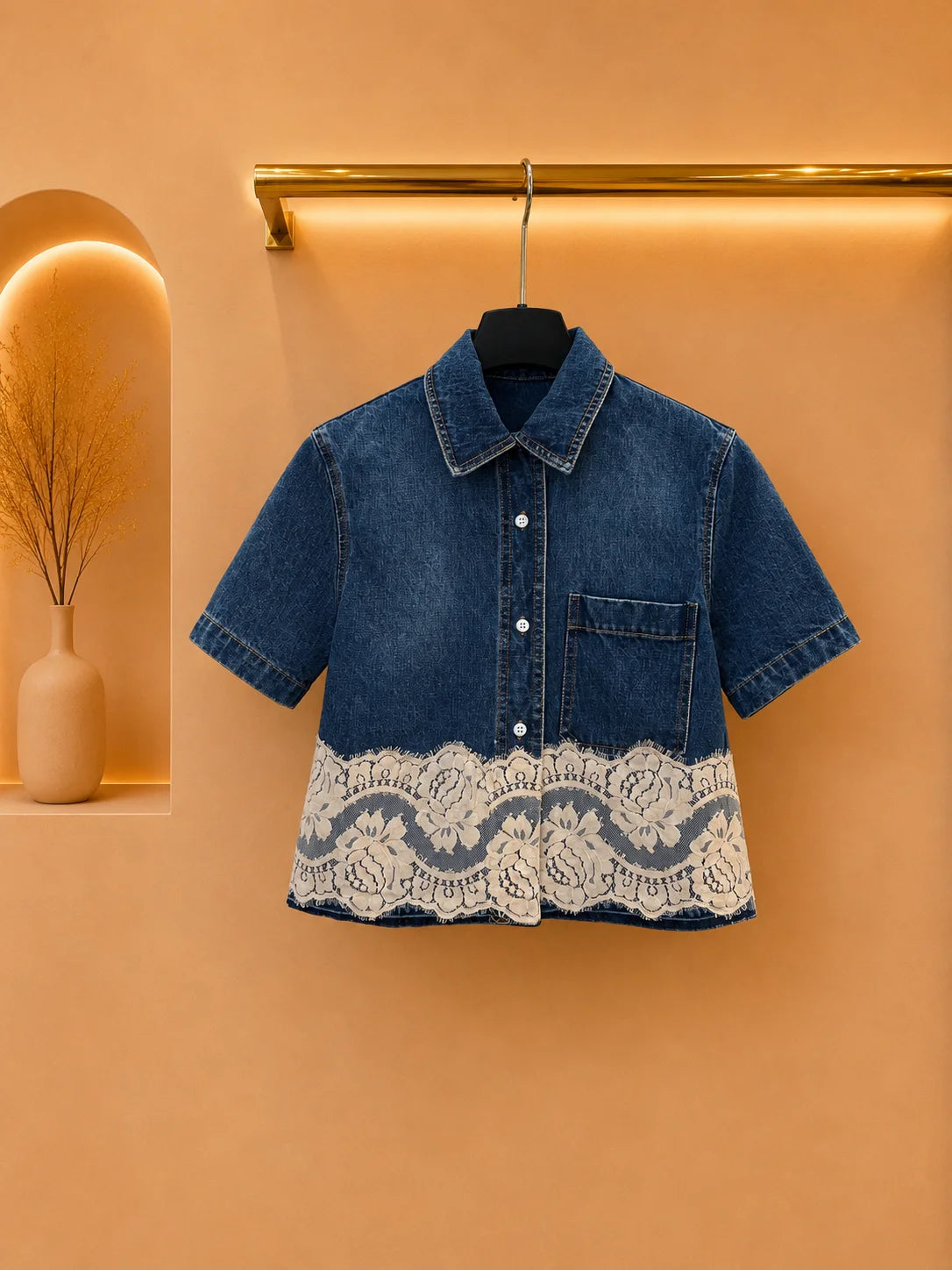 2026 Women Denim Cropped Blouse Pure Cotton Tailored Scalloped Floral Lace Trim Button Front Top
