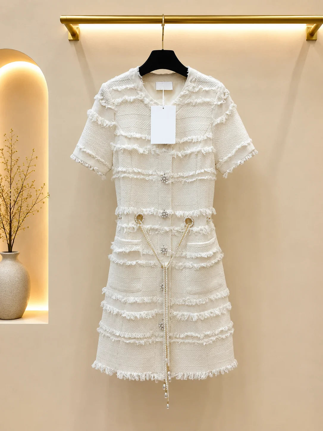 2026 Women Dress Short Sleeve Fringe Trim Woven Fabric Mini Dress Rhinestone Pearl Buttons Chain Belt Pocket Bodycon Outfit