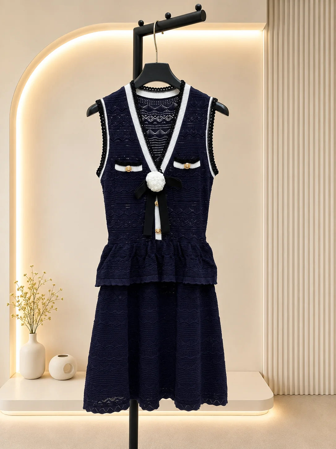 2026 Women Dress Sleeveless Contrast Trim V Neck Wavy Hollow Knit Handcrafted Rosette Bow Tiered Ruffle Mini Outfit