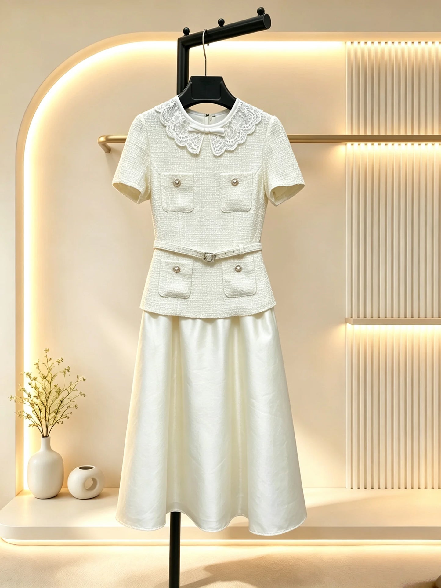 2026 Women Dress Short Sleeve Layered Midi Dress Lace Collar Tweed Bodice Flared Satin Skirt With Matching Waist Belt