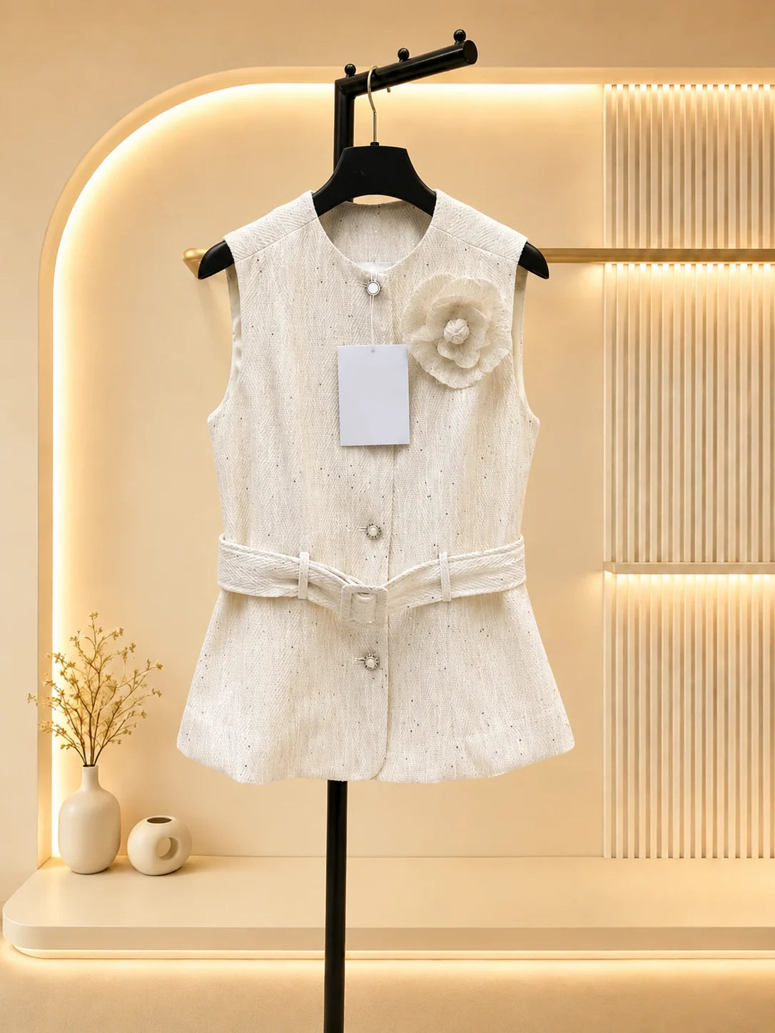 2026 Women Vest Sleek Fitted Sleeveless Floral Embellishment Matching Waist Belt
