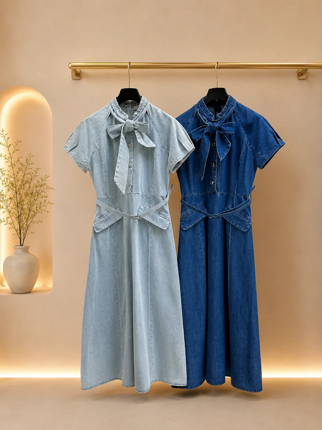 Women Cotton A-Line Midi Dress With Puff And Bow Collar