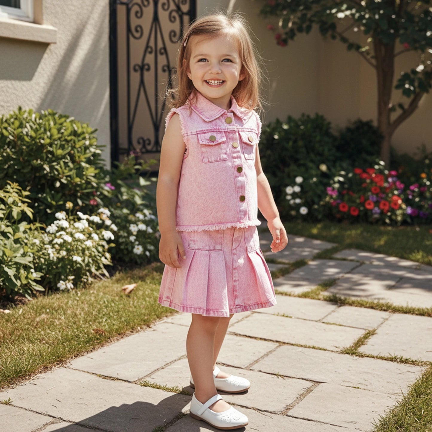 Infant Girl Denim Vest And Pleated Skirt 2 Piece Set