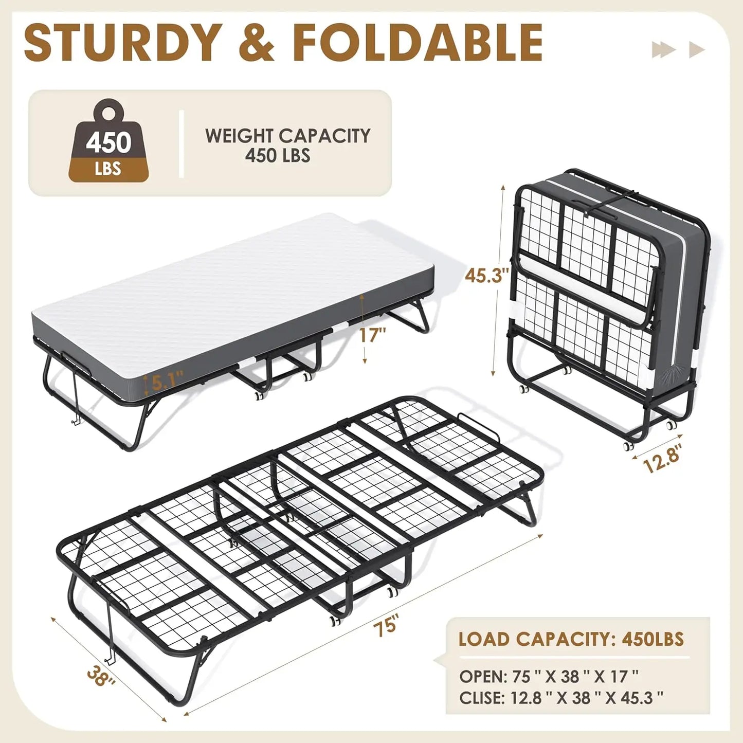 Folding Bed with Mattress, 75" x 38" Rollaway Bed with Mattress for Adults, Space-Saving Sturdy Metal Fold Up Beds,, Customized