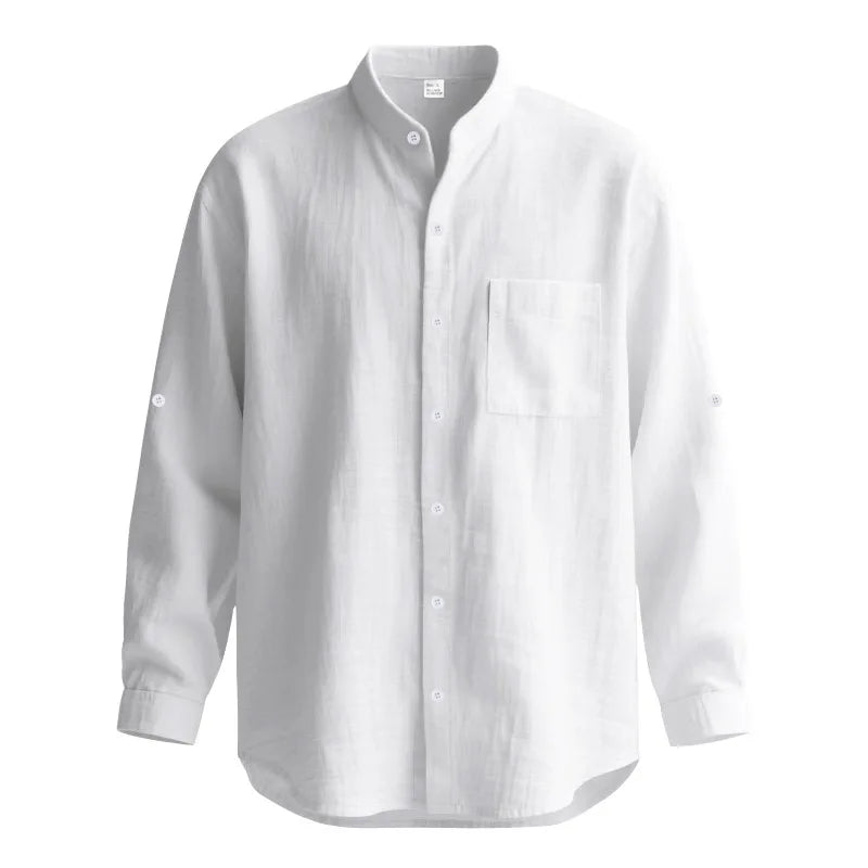 Men Linen Button Down Shirt With Mandarin Collar Long Sleeve Chest Pocket