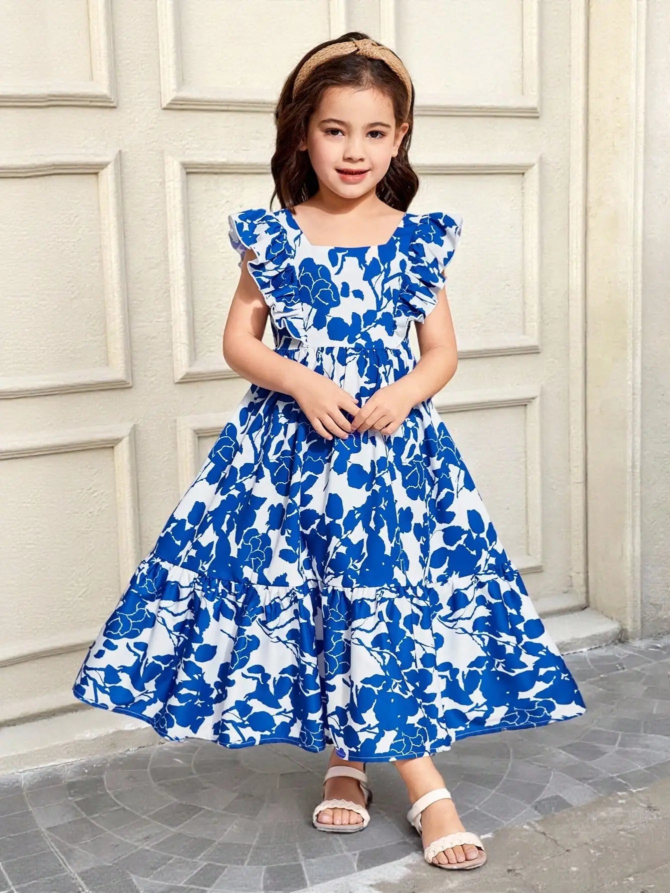 Girls Floral Print Ruffle Sleeve Bow Back Cutout Maxi Dress