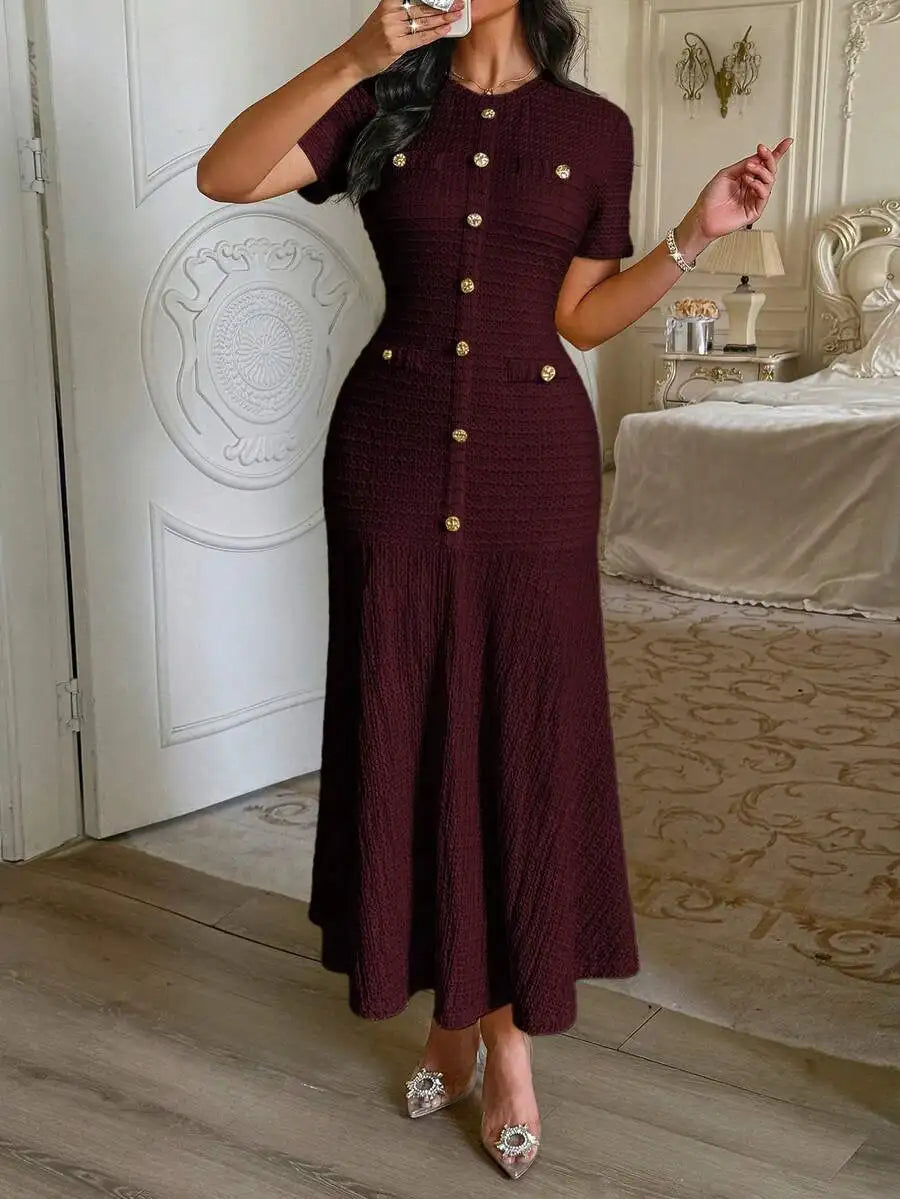 Textured Knit Dress With Front Buttons And Faux Pockets