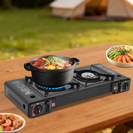 Portable Dual Burner Gas Stove With Piezo Ignition For Camping