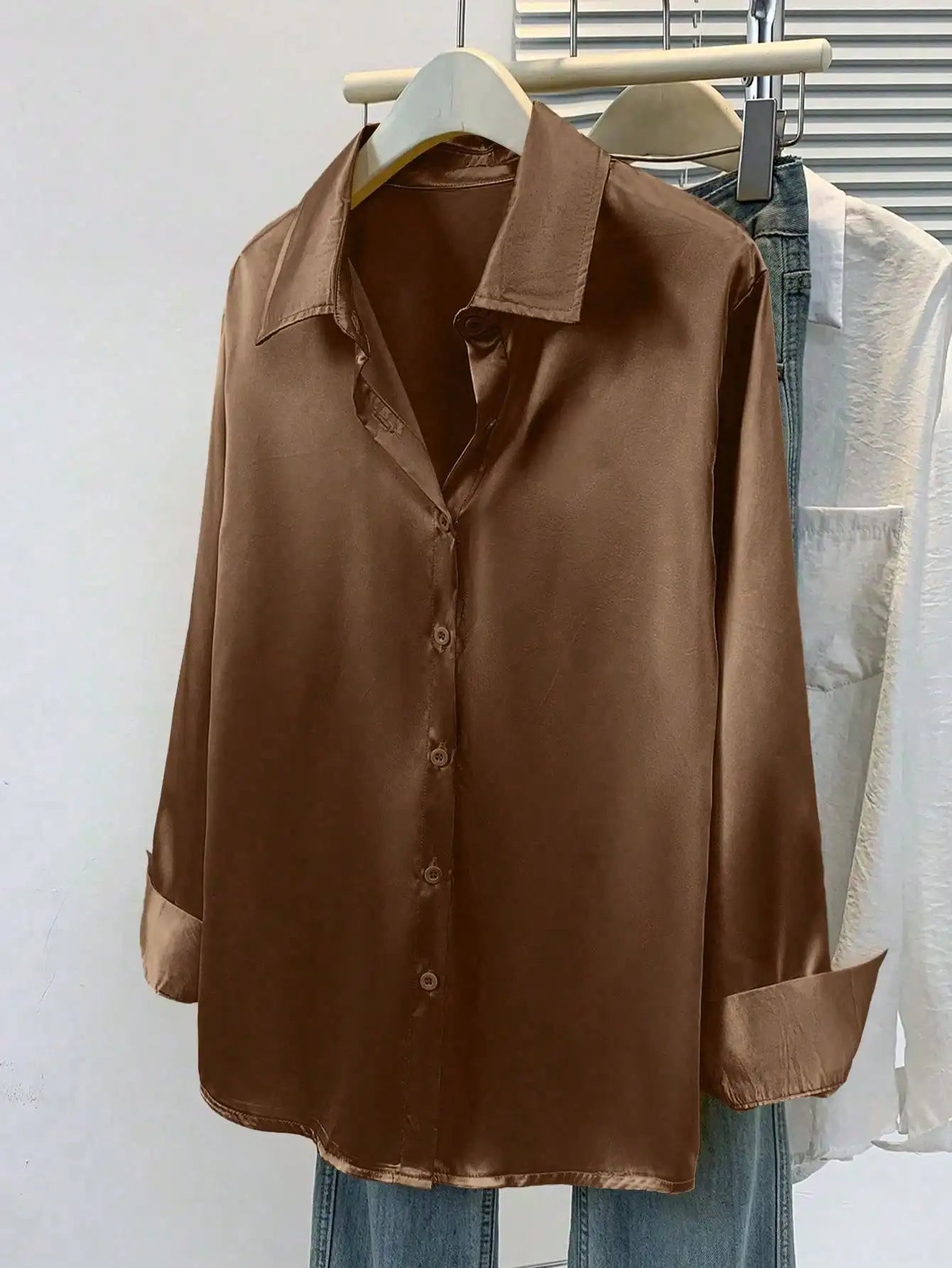 Womens Satin Button Up Blouse Office Or Casual Wear