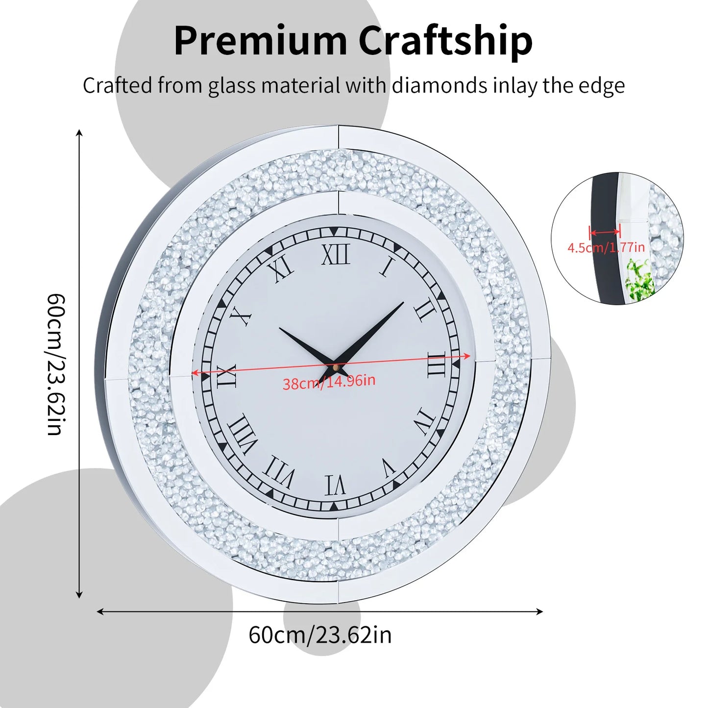 Round Mirror Wall Clock With Crystal Sparkle Accents