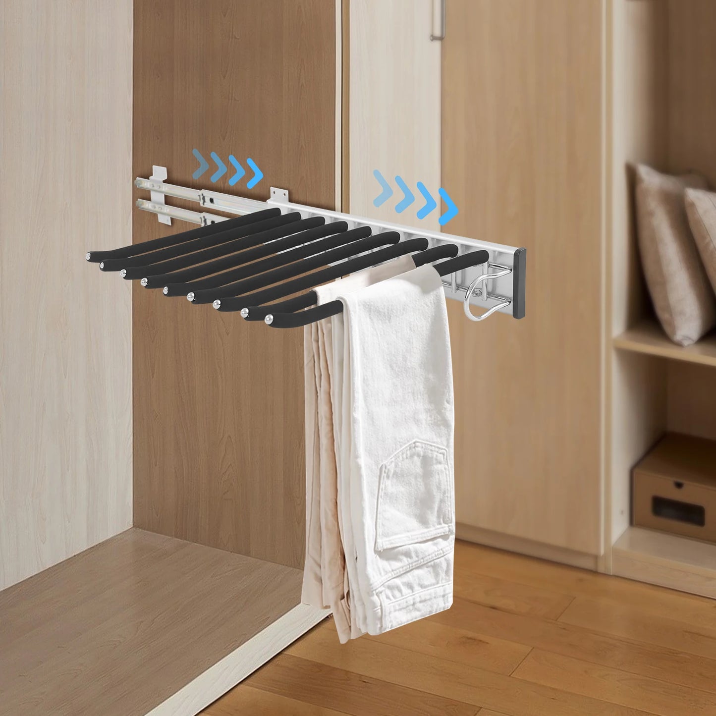 Bymaocar Pull Out Pants Rack 9 Rod Retractable Wardrobe Organizer