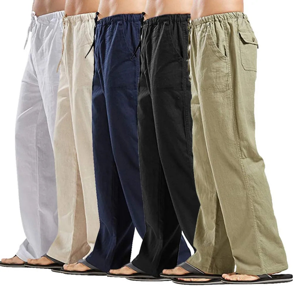 Mens Cotton Linen Pants Summer Breathable Trousers With Elastic Waist
